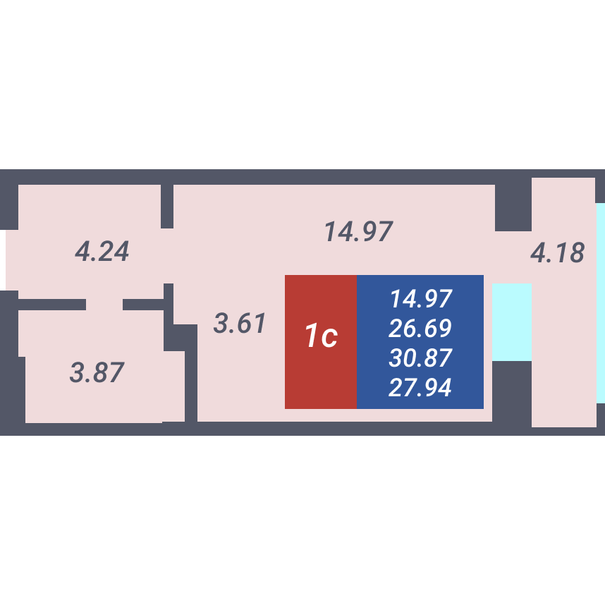 1 комнтаная квартира 26,69 м²