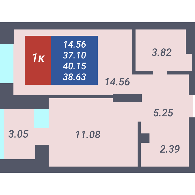 1 комнтаная квартира 37,10 м²