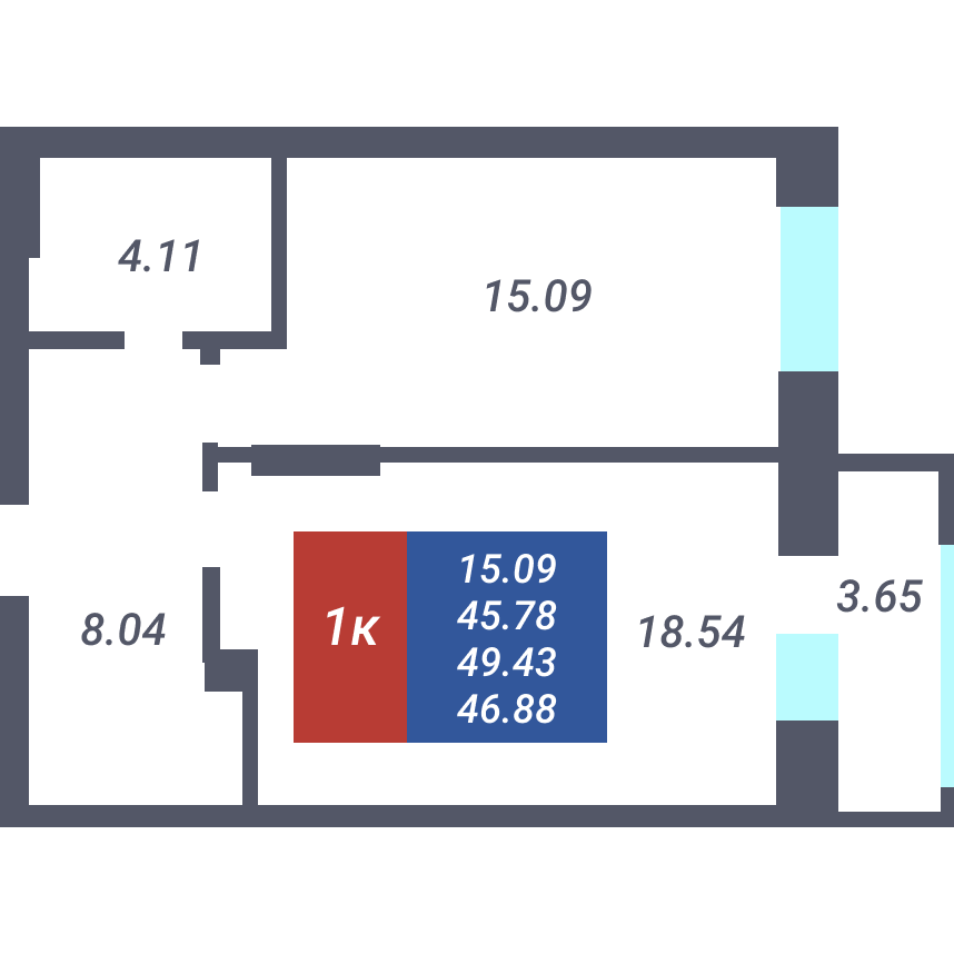1 комнтаная квартира 45,78 м²