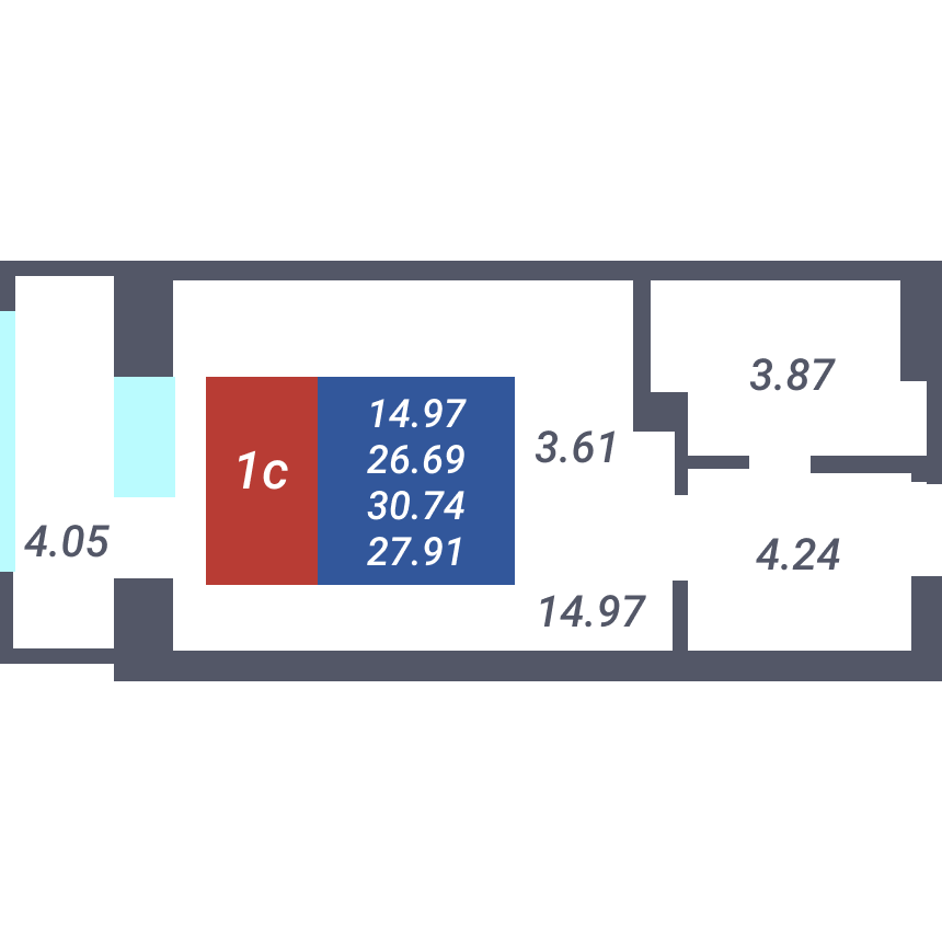 1 комнтаная квартира 26,69 м²